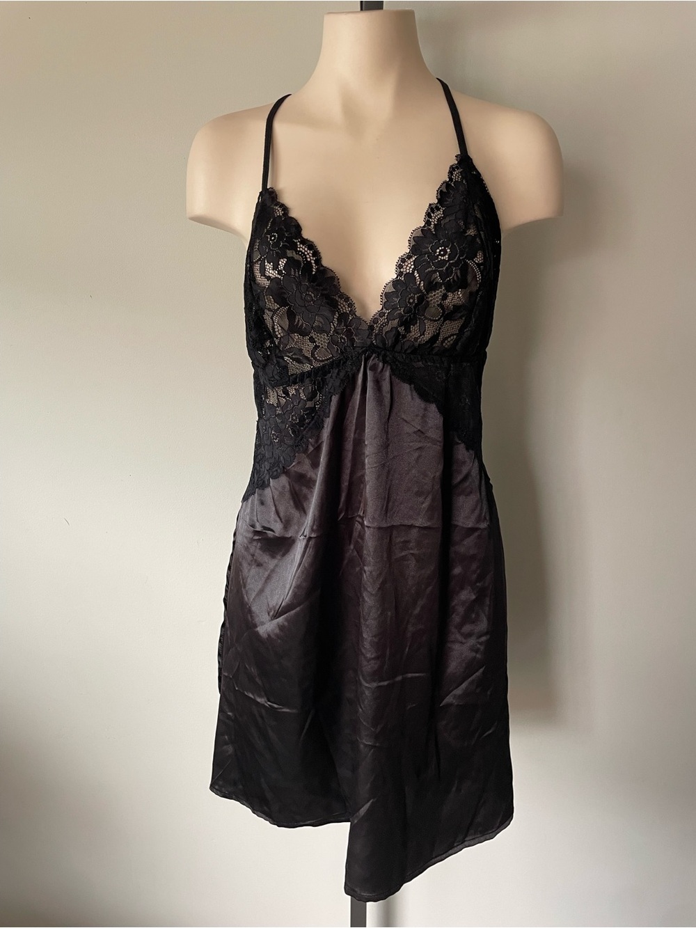 Avidlove Lace & Satin High Slit Chemise Nightgown Slip Dress Black Goth Gothic